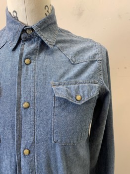 Wrangler, Denim Blue, Cotton, Solid, L/S, Snap Button, Collar Attached, Chest Pockets