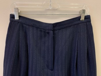 VALERIE STEVENS, Navy Blue, White, Polyester, Stripes - Pin, Pleated Front, Side Pockets, Zip Front,
