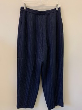 VALERIE STEVENS, Navy Blue, White, Polyester, Stripes - Pin, Pleated Front, Side Pockets, Zip Front,