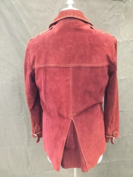 FOX 83, Red Burgundy, Suede, Solid, Mens 1970's Suede Jacket, 3 Leather Button Closure Center Front, 4 Patch Pockets with Silver Rectangle Buckle Strap Closures, Cream Top stitching with Leather and Metal Tabs at Shoulders. Repaired Harness Slits at Both Back Shoulders and Repaired Slit at Left Front Shoulder