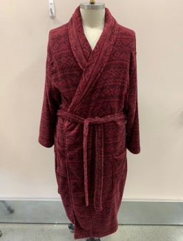 KING SIZE, Maroon Red, Cranberry Red, Polyester, Geometric, L/S,Nordic Design, Fleece, Shawl Collar, Self Belt