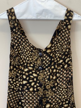 LIBERTY FASHION, Black, Brown, Beige, Rayon, Floral, Spots , Sleeveless, V Neck, Button Front, Flared Bottom, Cross Back Tie
