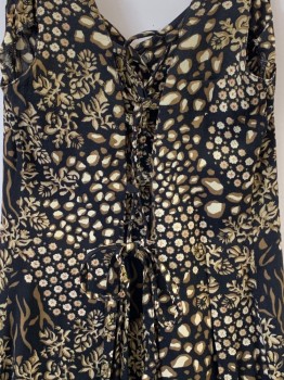 LIBERTY FASHION, Black, Brown, Beige, Rayon, Floral, Spots , Sleeveless, V Neck, Button Front, Flared Bottom, Cross Back Tie