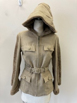 N/L, Cream, Lt Brown, Wool, Faux Fur, Houndstooth, Zip Fly, Pleated Hem, (FYI) The Hem Is Pleated To Go In To The Boot) Self Belt CB