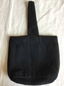 Black, Solid, Black Chorded Handbag, Intricate Detail, One Handle Strap, Small Hole At Bottom Side Seam Otherwise Great Shape,