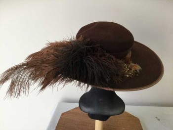 N/L, Brown, Wool, Feathers, Solid, Brown Felt Wide Brim Hat, Brown Ribbon Grosgrain Band with Bow, Silk Ribbon Edge, Brown/Dk Brown/Tan/Rust Feathers,