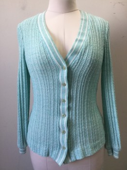 KAY WINDSOR, Aqua Blue, Synthetic, Cardiagn - Novelty Knit, L/S, Aqua/White Stripe Ribbed Knit Lapel/Cuff, Cream Iridescent Buttons