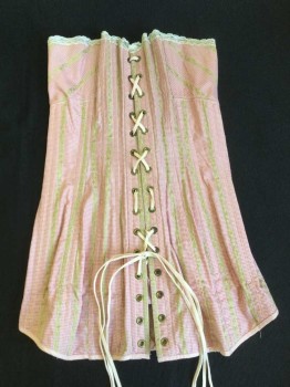 N/L, Red, White, Lime Green, Cream, Pink, Cotton, Gingham, Floral, Long, Tiny Gingham, Small Flower Embroidery in Vertical Stripes, Cream Lace Trim and Pink Trim Hem, Steel Spoon Busk Front and Light Pink Lacing Back,