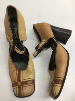 PRADA, Tan Brown, Champagne, Brown, Leather, Chunky Heel, Ankle Strap, Top Stitching and Leather Detail, Bakelite Buckle, Could Be Used As 1970s