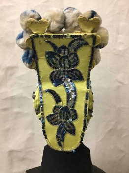 Lemon Yellow, Silver, Blue, Silk, Sequins, Solid, Lemon Silk Cap With Silver & Blue Sequin Trim. Blue & Cream Horsehair Pompoms. Floral Sequin Design At Back Of Head, Black Ribbon Chin Strap