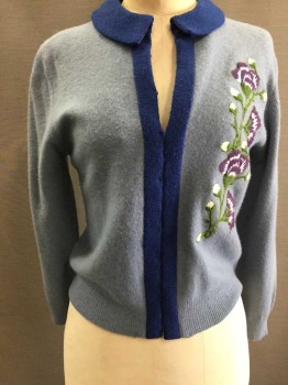 PRECIOUS FUR BLEND, Lt Blue, Royal Blue, Green, Purple, White, Wool, Solid, Floral, Knit, Long Sleeves, Body Is Light Blue and Round Collar & Button Placket Are Royal Blue, Flower Appliqué At Side Chest, Hook & Eyes, Whip Stitched Closed, Cardigan