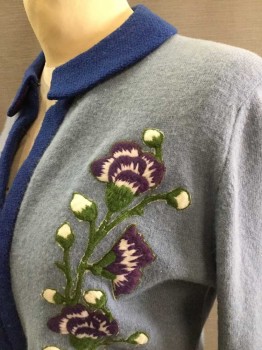 PRECIOUS FUR BLEND, Lt Blue, Royal Blue, Green, Purple, White, Wool, Solid, Floral, Knit, Long Sleeves, Body Is Light Blue and Round Collar & Button Placket Are Royal Blue, Flower Appliqué At Side Chest, Hook & Eyes, Whip Stitched Closed, Cardigan