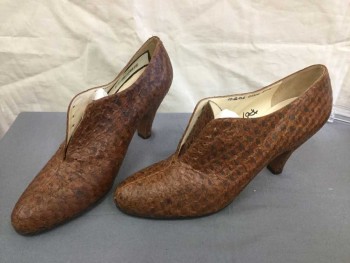 FERRAGAMO, Brown, Brown, Leather, Reptile/Snakeskin, 3" Heel Pump, Lace Up, Excellent Condition, Real Snake