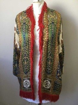 LAISE ADZER, Red, Yellow, Gold, Green, Blue, Silk, Novelty Pattern, Middle Eastern Pattern Jacquard, Long Sleeves, Open Front, Red Fringe Around Collar/Front Opening and Hem, Shoulders Beginning to Fray