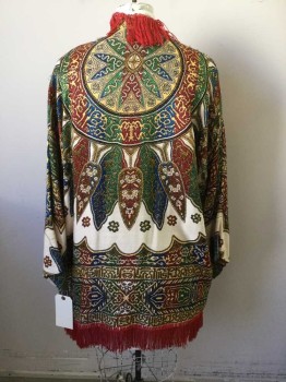 LAISE ADZER, Red, Yellow, Gold, Green, Blue, Silk, Novelty Pattern, Middle Eastern Pattern Jacquard, Long Sleeves, Open Front, Red Fringe Around Collar/Front Opening and Hem, Shoulders Beginning to Fray