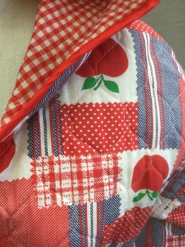 N/L, Red, White, Navy Blue, Green, Cotton, Patchwork, Novelty Pattern, Quilted Cotton, Red/White/Navy "Patchwork" Pattern with Polka Dot, Plaid, Apples with Green Leaves Pattern, Long Sleeves, Wrap Closure, 2 Slanted Pockets at Hips, Hooded, Red and White Gingham Lining,