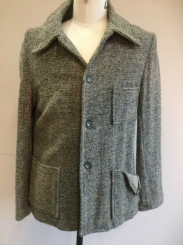 N/L, Gray, Lt Gray, Lime Green, Orange, Wool, Speckled, Birds Eye Weave, Gray and Light Gray Woven, with Flecks of Lime and Orange, Single Breasted, 4 Buttons, Turn Down Collar, 3 Patch Pockets, Made To Order