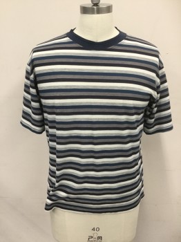 ANCHOR BLUE, Navy Blue, Teal Blue, Gray, Lt Gray, White, Cotton, Polyester, Stripes, Pique Knit, S/S, Solid Navy Ribbed Knit Crew Neck