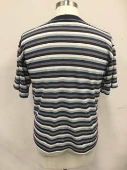 ANCHOR BLUE, Navy Blue, Teal Blue, Gray, Lt Gray, White, Cotton, Polyester, Stripes, Pique Knit, S/S, Solid Navy Ribbed Knit Crew Neck