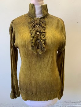 N/L MTO, Chartreuse Green, Brown, Synthetic, Solid, Crinkled Texture Changeable Color Fabric, Long Sleeves, Stand Collar, **Non Coded Detachable Ruffle at 4 Button Front, Button Cuffs, Made To Order, Aged, Historically Inspired