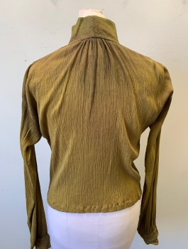 N/L MTO, Chartreuse Green, Brown, Synthetic, Solid, Crinkled Texture Changeable Color Fabric, Long Sleeves, Stand Collar, **Non Coded Detachable Ruffle at 4 Button Front, Button Cuffs, Made To Order, Aged, Historically Inspired