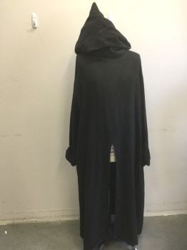 ACADEMY COSTUMES, Black, Cotton, Solid, Rough Homespun Cloth, Long Sleeves, Floor Length, Hooded, Slits at Center Front & Center Back, Made To Order