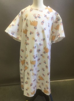 N/L, White, Multi-color, Polyester, Novelty Pattern, White with Clowns and Elephants Pattern, Raglan Short Sleeves, Open in Back with Self Ties