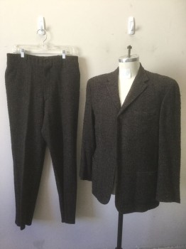 GILBERTO GUZMAN, Dk Brown, Brown, Black, Wool, Speckled, Nubbly Boucle Textured, Single Breasted, Notched Lapel, 3 Button Holes, (All But 1 Button Currently Missing, 3 Pockets, 2 Bottom Pockets are Patch Pockets, Made To Order