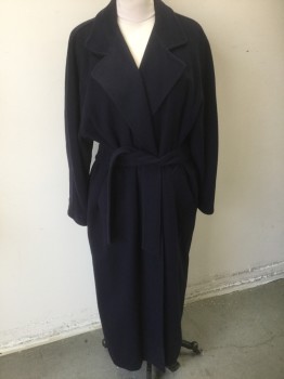 SEARLE BLATT STUDIO, Navy Blue, Wool, Solid, Dark Navy, Open at Center Front with No Buttons/Closures, Wide Notched Lapel, 2 Pockets, Oversized Fit, Ankle Length, **With Matching Belt