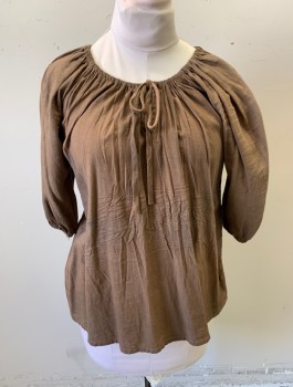 N/L MTO, Brown, Cotton, Solid, Peasant Blouse, 3/4 Sleeves, Pullover, Drawstring Scoop Neck, Small Notch at Center Front Neck, Aged Throughout, Made To Order Reproduction