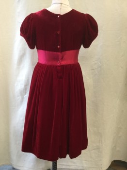 Rachel Ray, Red, Silk, Rayon, Solid, Red Velvet, Short Sleeves, Round Neck, Red Satin Wide Ribbon at Waist with Red Satin Bow, 4 Button Closure CB.