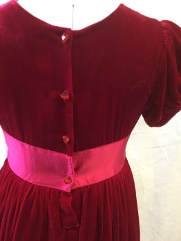 Rachel Ray, Red, Silk, Rayon, Solid, Red Velvet, Short Sleeves, Round Neck, Red Satin Wide Ribbon at Waist with Red Satin Bow, 4 Button Closure CB.