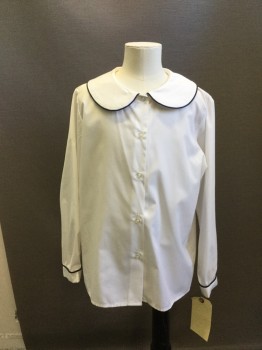 MISS TULANE, White, Navy Blue, Polyester, Cotton, Solid, Long Sleeves, White with Navy Piping, Peter Pan Collar, Button Front,
