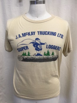 EVERGREEN, Tan Brown, Navy Blue, Green, Brown, Cotton, Polyester, Graphic, Crew Neck, Short Sleeves, J.A.McKAY TRUCKING LTD. Cool Graphic of Shlub in a Cape on a Log, Think Pilly a Few Small Snags and Stains Aged