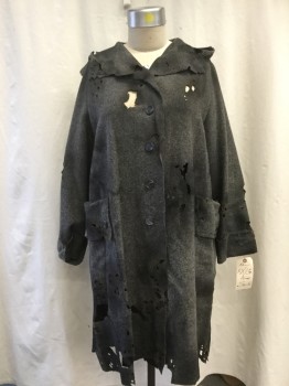 NO LABEL, Heather Gray, Wool, Solid, Button Front, Hood, 2 Pockets, Aged & Distressed