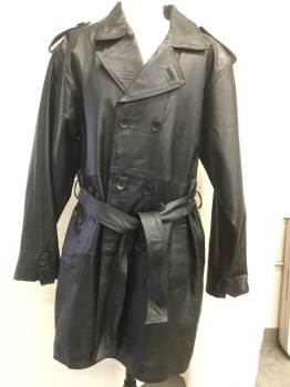 LUCKY LEATHER INC, Black, Leather, Polyester, Solid, Missing  Removable Liner, Self Tie Belt, Back Vent,  Shoulder and  Cuff Epaulettes,  Double Breasted ,   Black Quilted  Liner .Knee Length