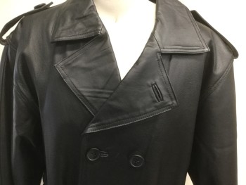 LUCKY LEATHER INC, Black, Leather, Polyester, Solid, Missing  Removable Liner, Self Tie Belt, Back Vent,  Shoulder and  Cuff Epaulettes,  Double Breasted ,   Black Quilted  Liner .Knee Length