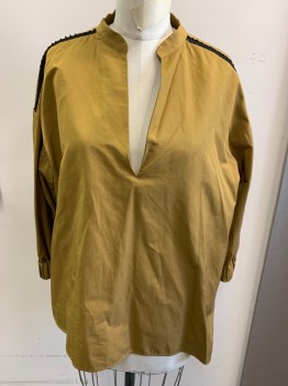 ZARA, Ochre Brown-Yellow, Polyester, Solid, Pullover, Stand Collar, Black Lace Insert at Shoulder, Long Sleeves with Elastic Wrists