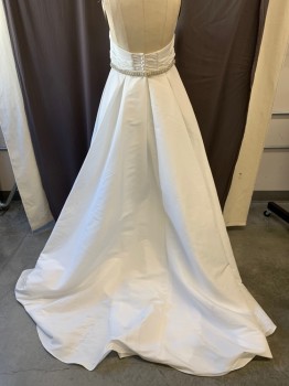 DAVID'S BRIDAL, White, Polyester, Nylon, Sweetheart Neckline, Strapless, Ruched Bodice, Beaded Pearl Attached Waist Band, Zip Back, Ball Gown, Floor Length
