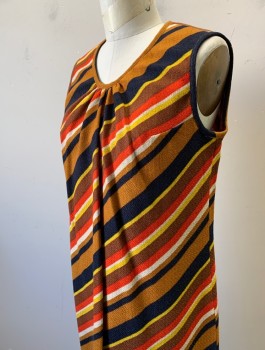 N/L, Brown, Red, Yellow, Navy Blue, Wool, Stripes - Diagonal , Sleeveless, Round Neck, Shift Dress, Gathered at Center Front Neck with 1 Vertical Pleat From Neck to Hem, Center Back Zipper, Knee Length,