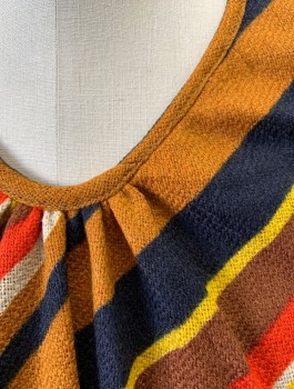 N/L, Brown, Red, Yellow, Navy Blue, Wool, Stripes - Diagonal , Sleeveless, Round Neck, Shift Dress, Gathered at Center Front Neck with 1 Vertical Pleat From Neck to Hem, Center Back Zipper, Knee Length,