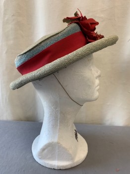 MTO, Sea Foam Green, Red, Green, Silk, Straw, Solid, Scratchy Weave, Boater Shape, Rolled Brim, Grosgrain Band and Bow, Red Flowers