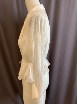 FLEUR DE LIS, Ecru, Cotton, Solid, Cotton Voile, Asymmetrical Button Front, Long Sleeves. Knife Pleats From Shoulders, Fagotting in Grid Pattern on Collar, Bib and Cuffs, Lace Trim Collar and Cuffs