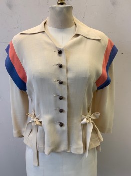 Letty Doyt, Beige, Coral Orange, Blue, Rayon, Stripes, L/S, Button Front,, C.A., Pleated Bottoms, Waist Ties