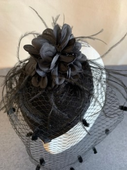 N/L, Black, Acetate, Feathers, Small Teardrop Base with Comb, Fabric Flowers with Feathers, Net Veil with Pipe Cleaner Dots