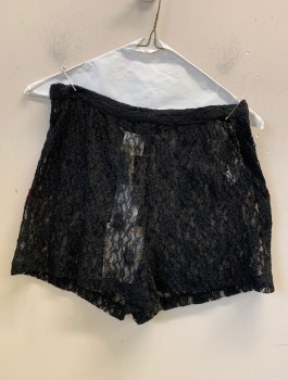 YAYA  NOM DE PLUME, Black, Nylon, Cotton, Floral, Clubwear See Thru Lace Tap Shorts, High Waisted, 2" Inseam, Invisible Zipper at Side
