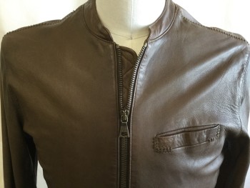 JOHN VARVATOS, Brown, Leather, Solid, Zip Front, 3 Welt Pocket, Collar Band