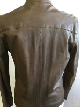 JOHN VARVATOS, Brown, Leather, Solid, Zip Front, 3 Welt Pocket, Collar Band