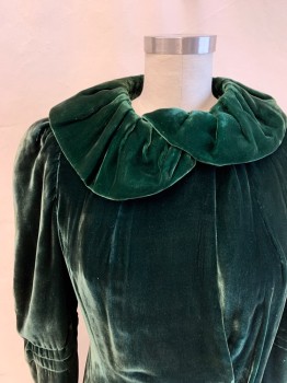 NL, Emerald Green, Silk, Solid, Velvet, C.A., L/S, 2 Buttons, 1 Button at Neck, 1 Button at Waist, Ruffled Collar, Train Mended. Early 1800's