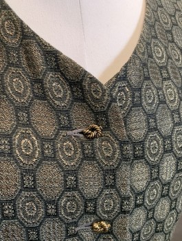 VALERIE STEVENS, Taupe, Brown, Black, Acetate, Rayon, Geometric, Hexagon and Squares Pattern Brocade, 5 Gold "Knotted" Buttons, V-neck, Taupe Lining